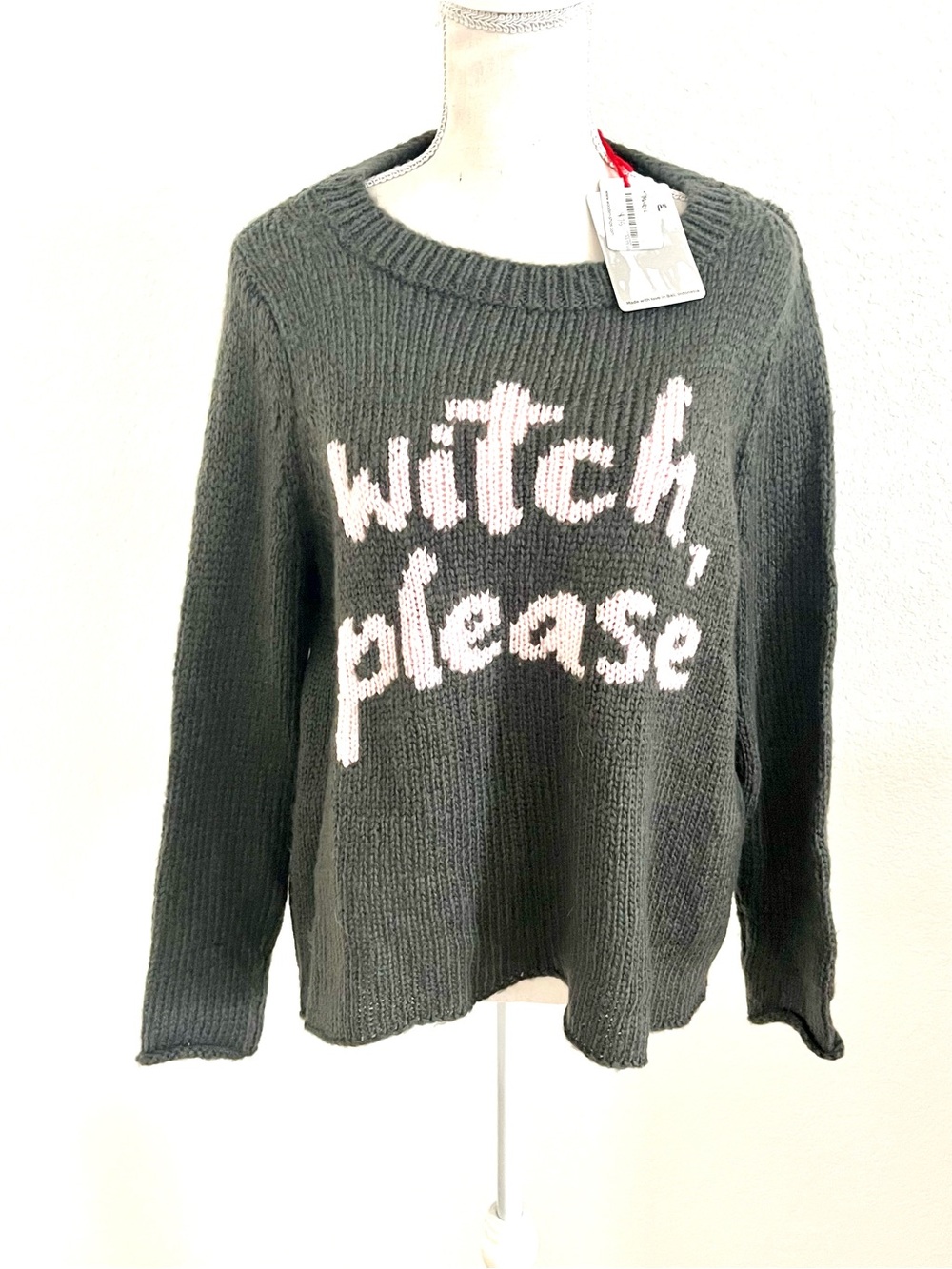 Wooden Ships Charcoal Knit Sweater with Pink Script Witch - Picture 3 of 6